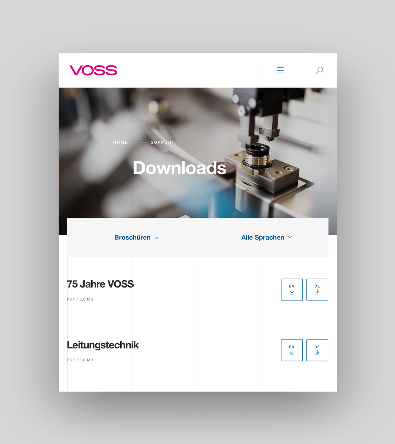 Aclewe Werbe&shy;agentur Koeln Projekt VOSS Website Downloads mobile Ansicht 